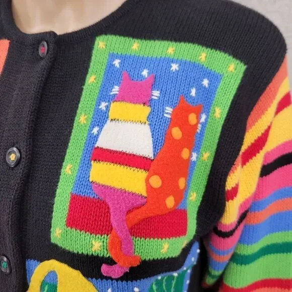 Susan Bristol Colorful Cat Pattern Women's Sweater Cardigan Y2K Patchwork - Picture 5 of 14